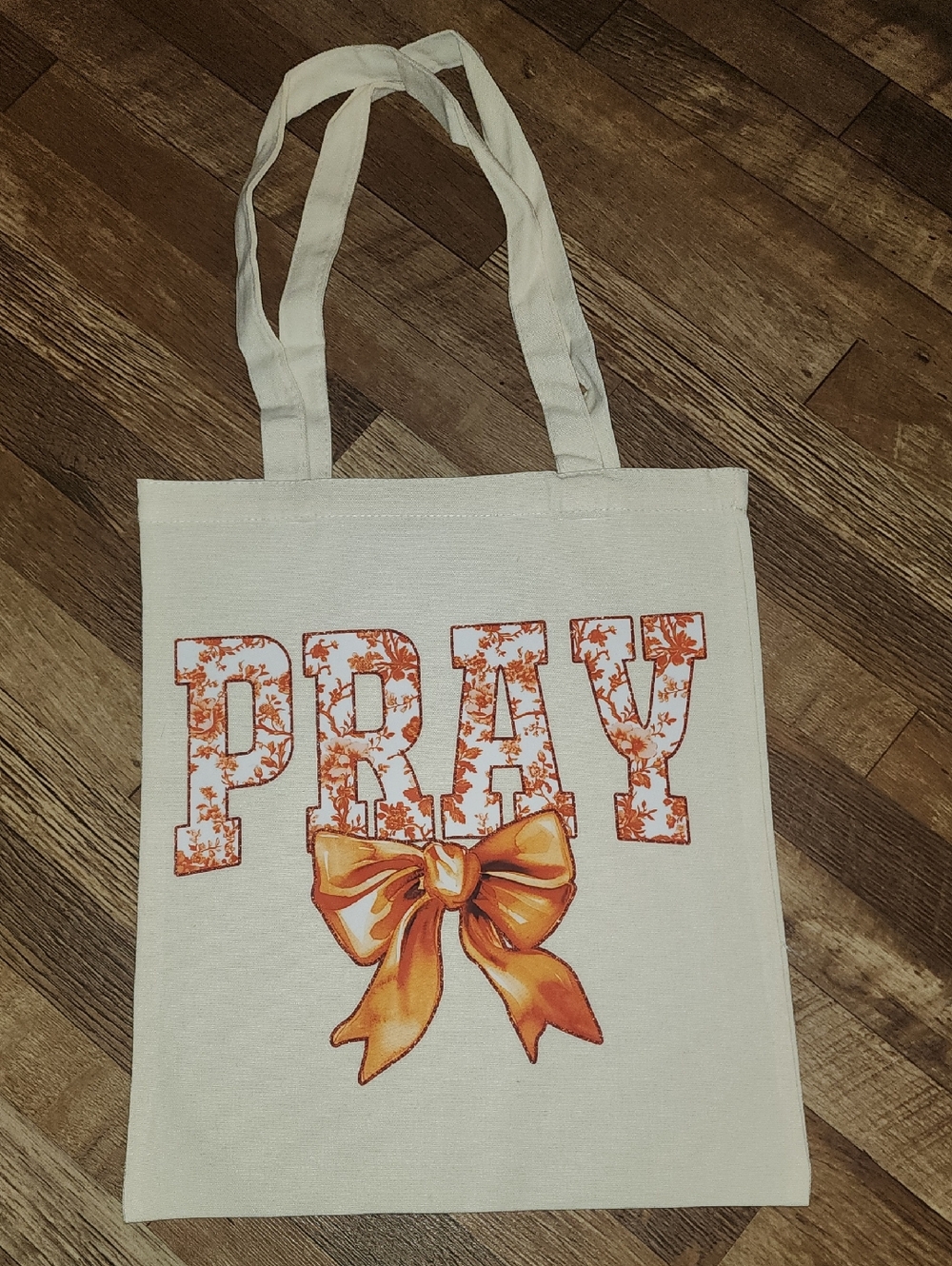 Canvas Tote Bag with Orange Bow "PRAY" Print. 13x15